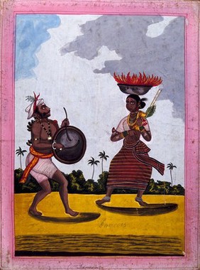 A dancing couple from the Pujari caste. Gouache drawing.