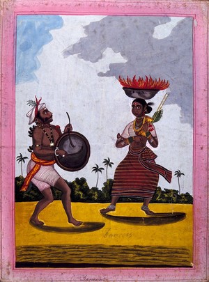 view A dancing couple from the Pujari caste. Gouache drawing.