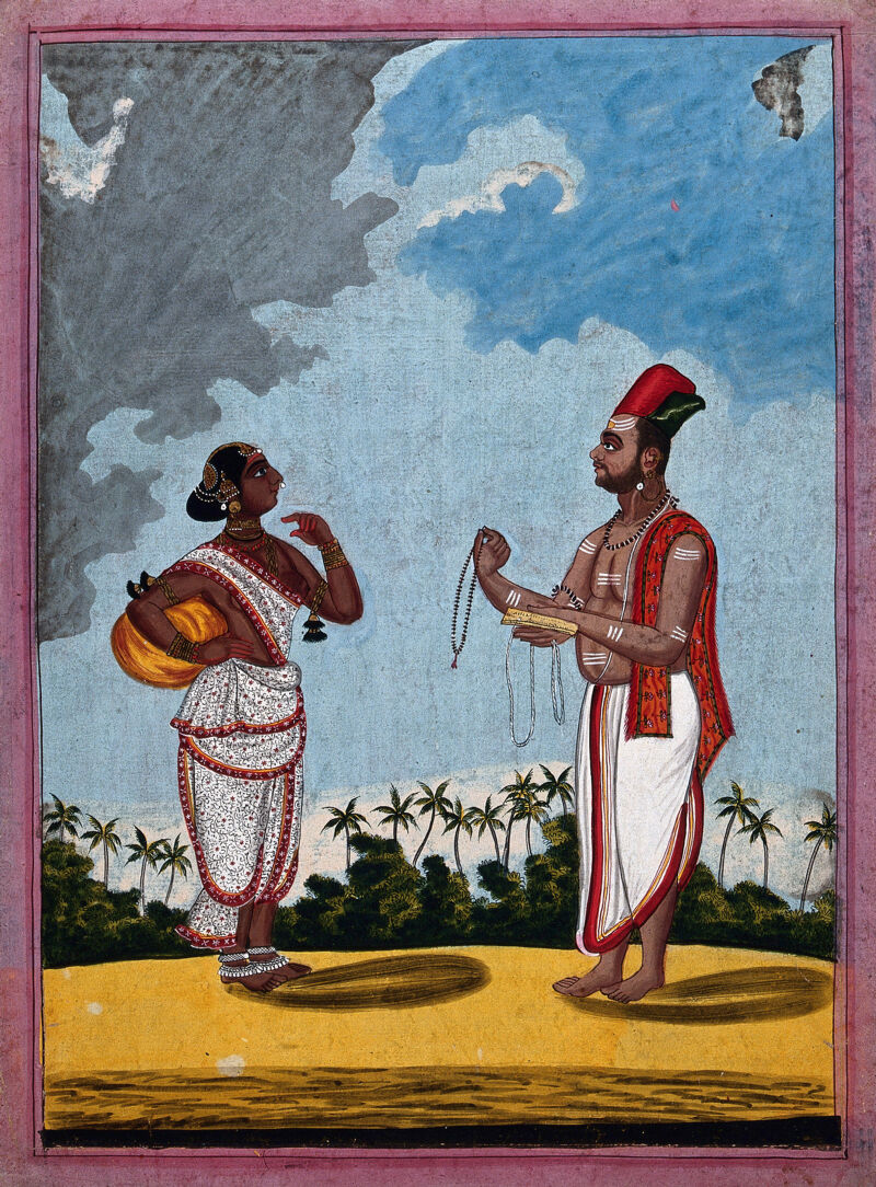 A Hindu priest offering a young woman some holy beads. Gouache drawing