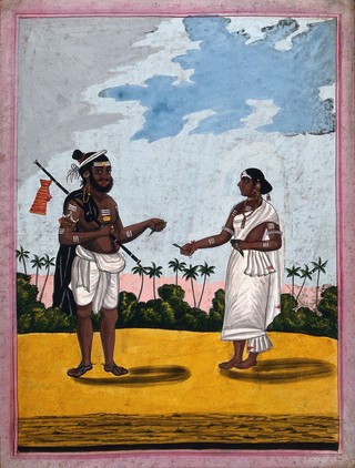 A woman giving her husband some betel leaves. Gouache drawing.