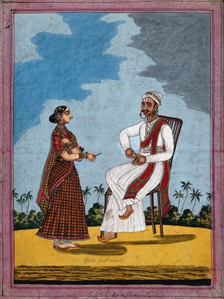 Head servant with his wife offering him betel leaves. Gouache drawing.