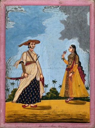 Warrior horseman and wife. Gouache drawing.
