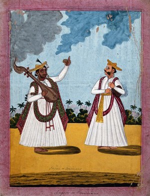 view Indian musicians and singers. Gouache drawing.