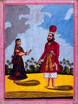 A Sikh and his wife. Gouache drawing.