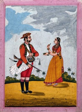 An Indian commandant: his wife handing him some betel leaves. Gouache drawing.