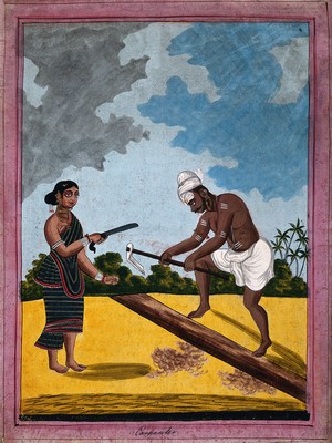 view An Indian carpenter and wife holding tools. Gouache drawing.