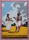 view A man from Mysore being handed some betel leaves by his wife. Gouache drawing.