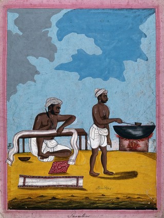 Indian cloth painters. Gouache drawing.