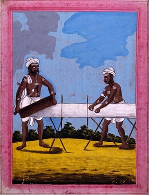 view Indian weavers. Gouache drawing.