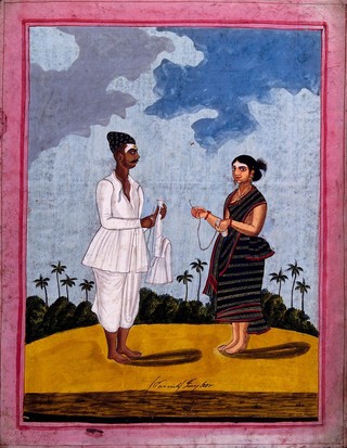 Indian tailor and wife. Gouache drawing.