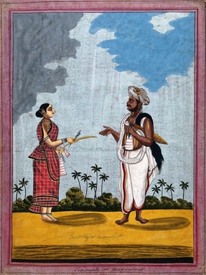 view A Jain accountant with his wife. Gouache drawing.