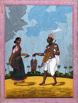 view Indian pastry chef and wife. Gouache drawing.
