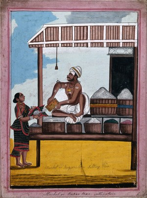 view A market vendor selling rice from his store. Gouache painting.