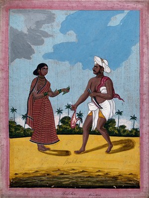 view An Indian butcher and wife offering betel leaves. Gouache drawing.