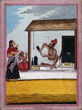 An Indian man selling alcohol to a couple. Gouache drawing.