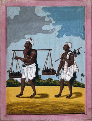 Indian perfume sellers. Gouache drawing.