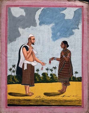 view Indian coral merchant selling jewelry to a woman. Gouache drawing.