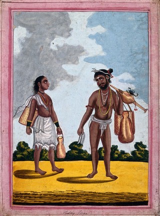 Hindu toddy man and wife. Gouache drawing.
