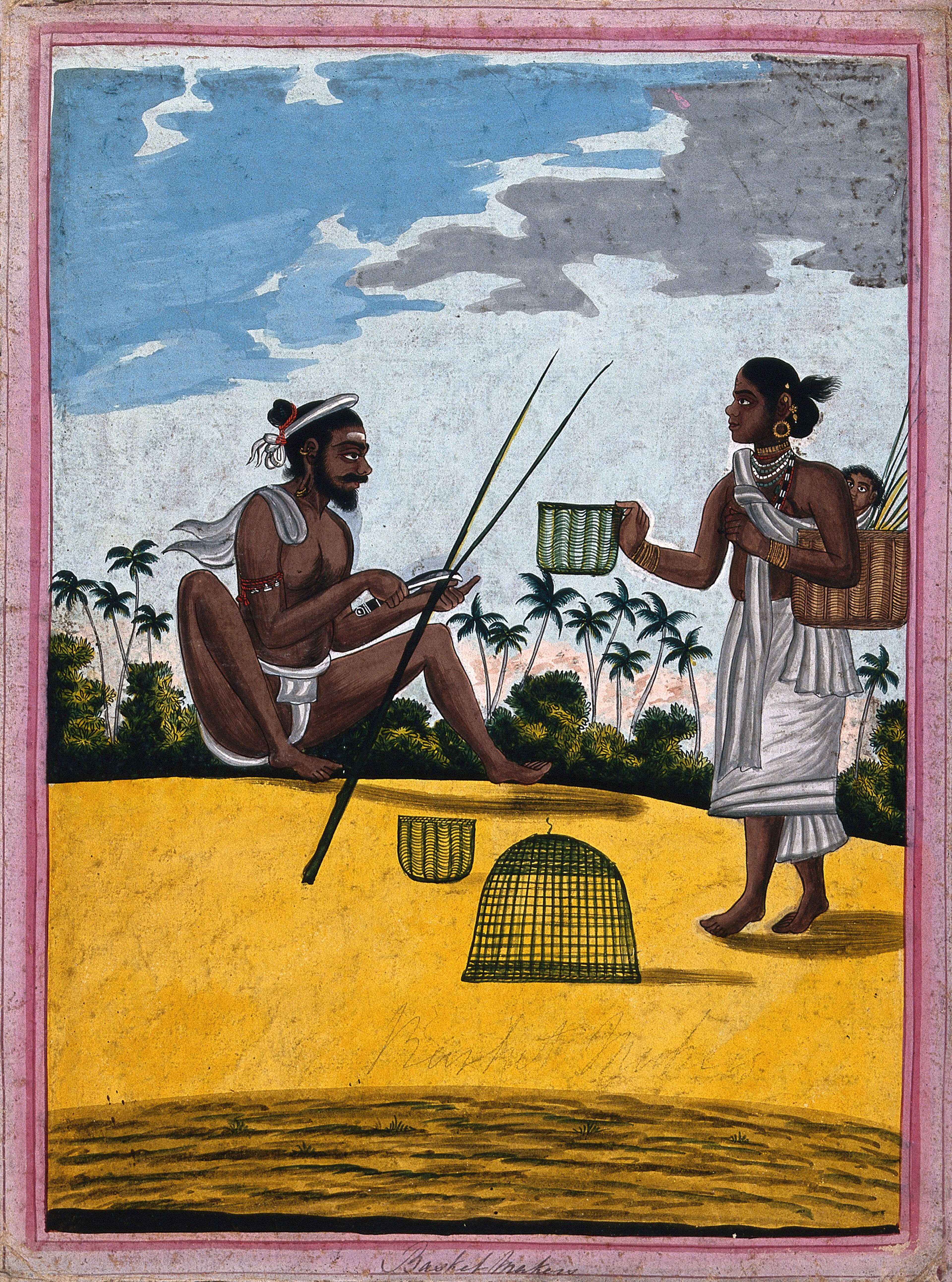 Hindu basket maker and wife. Gouache drawing.