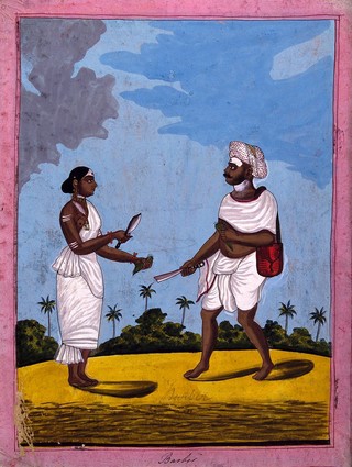 Indian barber and wife. Gouache drawing.