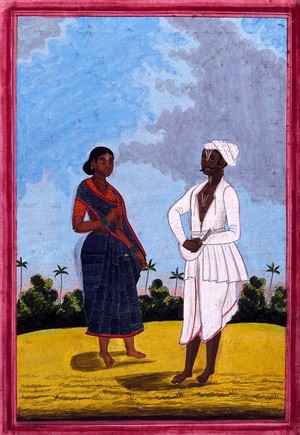 view Hindu barber and wife. Gouache drawing.