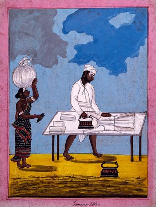 Indian laundry couple with the man ironing clothes. Gouache drawing.