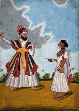 Indian fortune-teller with client. Gouache drawing.