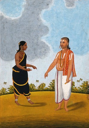 view Brahman priest and wife. Gouache drawing.