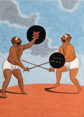 A pair of Indian wrestlers. Gouache drawing.