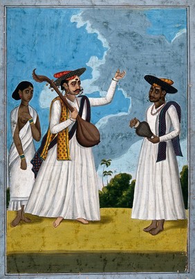 Indian singers and musicians. Gouache drawing.