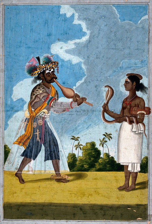 An indian snake charmer charming a cobra held by his wife. Gouache drawing.