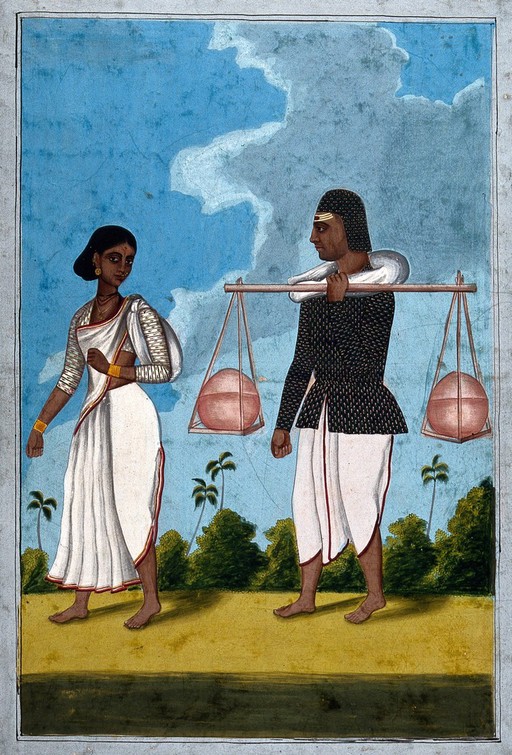 Kavady-kerah and wife: holy water carrier. Gouache drawing.