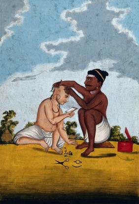 A Malabar barber cutting a customer's hair. Gouache drawing.