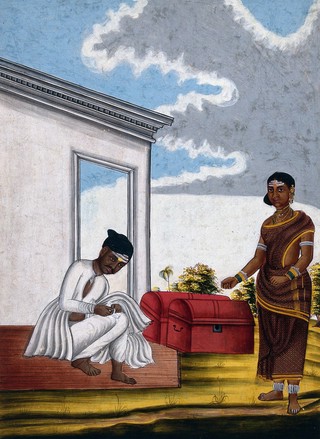 Indian tailor and wife. Gouache drawing.