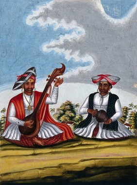 Indian musicians with their instruments. Gouache drawing.