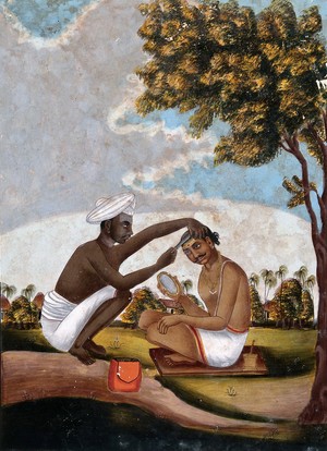 view Hindu barber shaving a man's head. Gouache drawing.