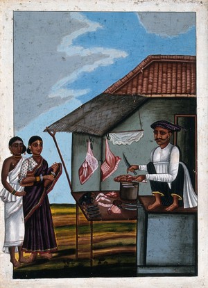 view Indian butcher selling meat to some customers. Gouache drawing.