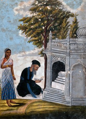 A Hindu praying to a shrine accompanied by a young lady. Gouache drawing.