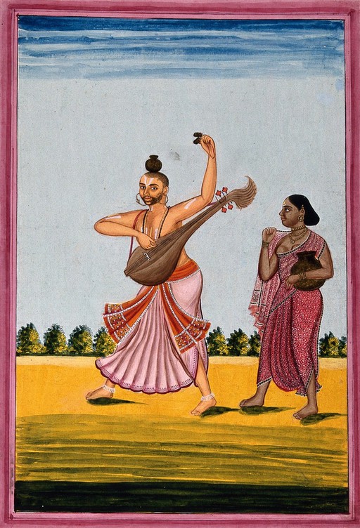 A man dancing while playing a string instrument and castanets, with a standing woman. Gouache drawing, 18--.