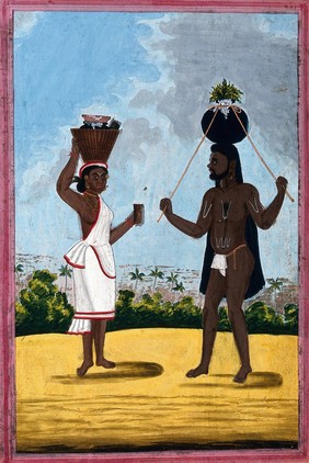 A cowherd (?), carrying a jar on his head; with a woman carrying milk (?). Gouache, 18--.