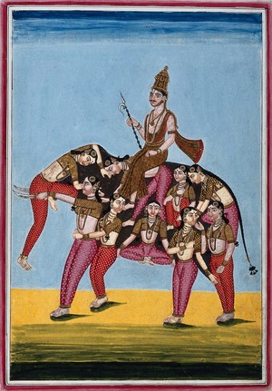 view Girl acrobats forming the shape of an elephant at the circus of Srīrangam. Gouache, 18--.