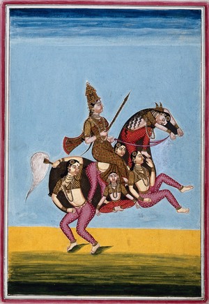 view Girl acrobats forming the shape of a horse at the circus of Srīrangam. Gouache, 18--.