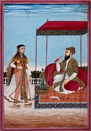 view A Muslim man smoking a hookah under a canopy, with a woman on the left. Gouache, 18--.