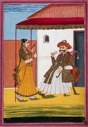 A Maratha man, richly dressed, seated under a canopy enjoying the scent of a white rose, with a woman on the left holding a brightly plumed bird. Gouache, 18--.