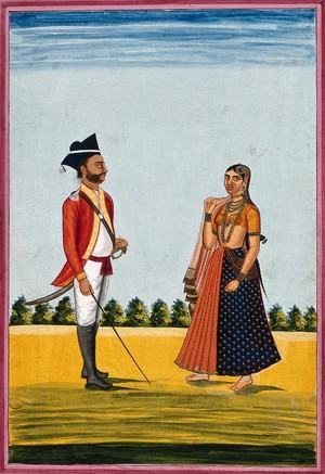 view A sepoy in the service of the East India Company, with a woman (courtesan?) on the right. Gouache, 18--.