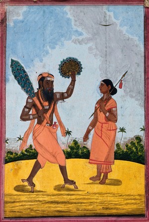 view A man holding a peacock feather and a gold fan, with a woman holding a spear. Gouache, 18--.