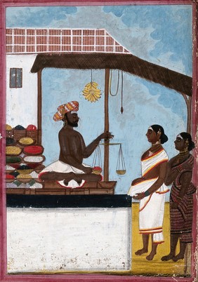 A man weighing sweet meats to sell to women in a bazaar. Gouache, 18--.