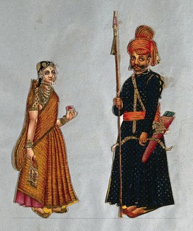 A Rajput soldier and his wife. Gouache painting.