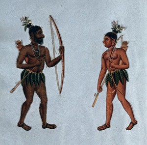 view Two Tamil men of the Kaller caste. Gouache painting.