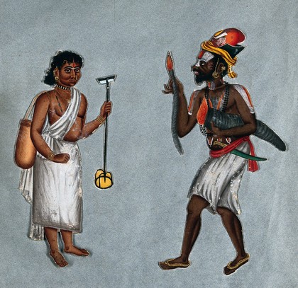 Two fire eaters in southern India: a man and a woman. Gouache painting.